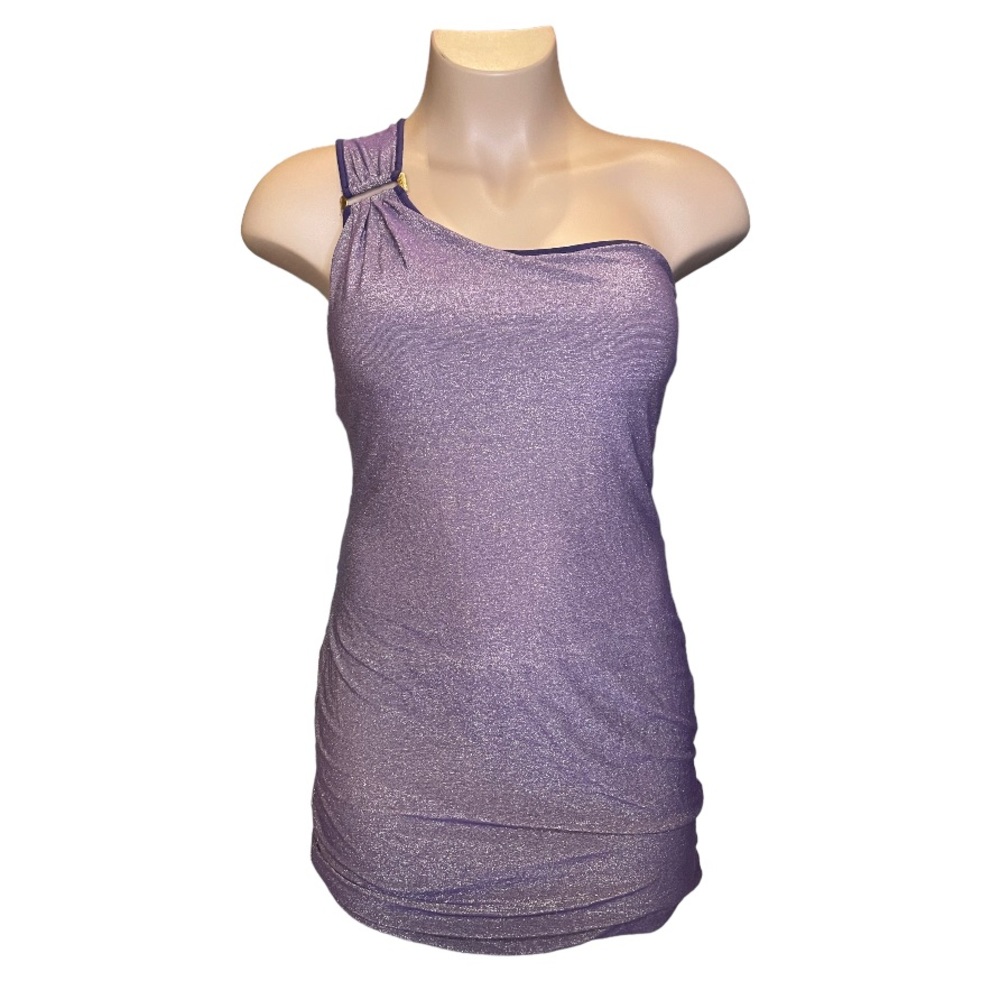 Three Dots One Shoulder Purple And Gold Metallic Formal Dress